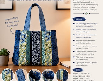 Floral Streifen Tragetasche Schnittmuster PDF, Patchwork Tragetasche Muster, Stoff Handtasche Vorlage, Sofort Download