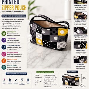 May include: A printed zipper pouch featuring a patchwork pattern of black, white, gray, and yellow squares and circles. The pouch has a top handle, a black zipper closure, and measures 8 inches wide, 4.5 inches high, and 3 inches deep.