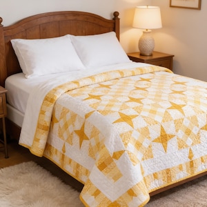 Yellow Star Quilt Pattern PDF | Farmhouse Patchwork Bed Quilt | Beginner Traditional Quilting Pattern | Instant Download|DigitalQuiltPattern