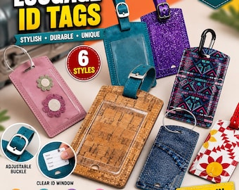 Modello PDF per cucire l'etichetta per bagagli, etichetta da viaggio in tessuto fai da te, modello per porta badge da valigia, tutorial per etichetta in vinile, sughero e pelle.