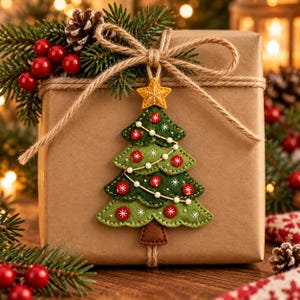 May include: A square gift box wrapped in brown paper with a jute twine bow. A felt Christmas tree ornament with a yellow star, red circular accents, and white stitching is attached to the twine. Pine branches and red berries are tucked behind the bow.