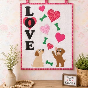 Patrón PDF para tapiz de pared "Patitas y Besos" / Edredón con apliques de perro y gato para San Valentín / Patrón de costura para amantes de las mascotas / Patrón digital para edredón