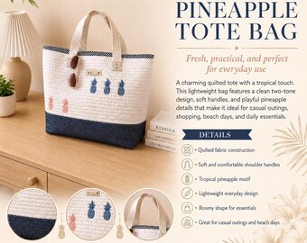Ananas Strandtasche Nähen Muster PDF, gesteppte Tragetasche Muster, Sommer Tragetasche Tutorial, große Einkaufstasche