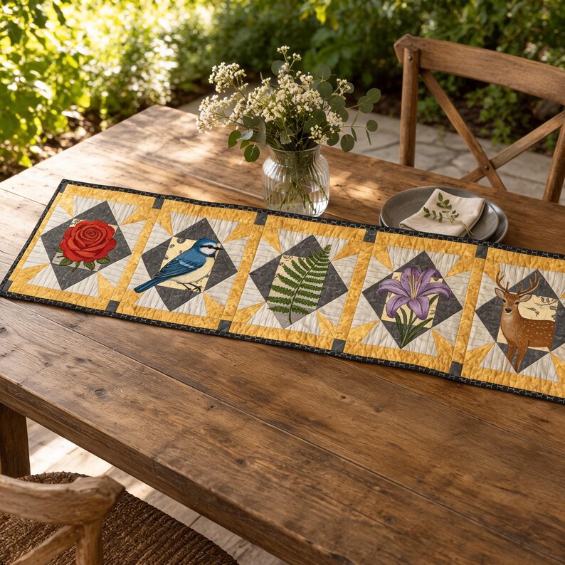 May include: A rectangular quilted table runner featuring five distinct square panels with nature-themed illustrations including a red rose, a blue bird, a green fern leaf, a purple lily, and a brown deer, all bordered by yellow and black fabric.