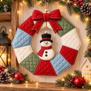 Snowman Wreath Quilt Pattern, Christmas Door Decor Sewing PDF, Patchwork Winter Wreath