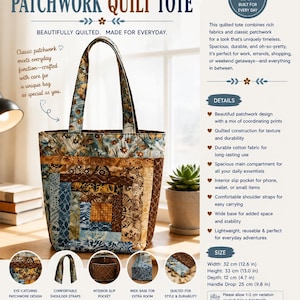 Log Cabin Tote Bag Sewing Pattern PDF, Quilted Tote Bag Pattern, Patchwork Shoulder Bag Template, Instant Download