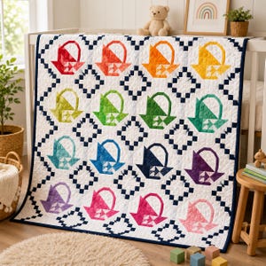 May include: A white quilt featuring a repeating pattern of sixteen colourful basket motifs in shades of red, orange, yellow, lime, green, teal, blue, navy, purple, lavender, magenta, and pink, framed by a dark navy blue chain-link border.