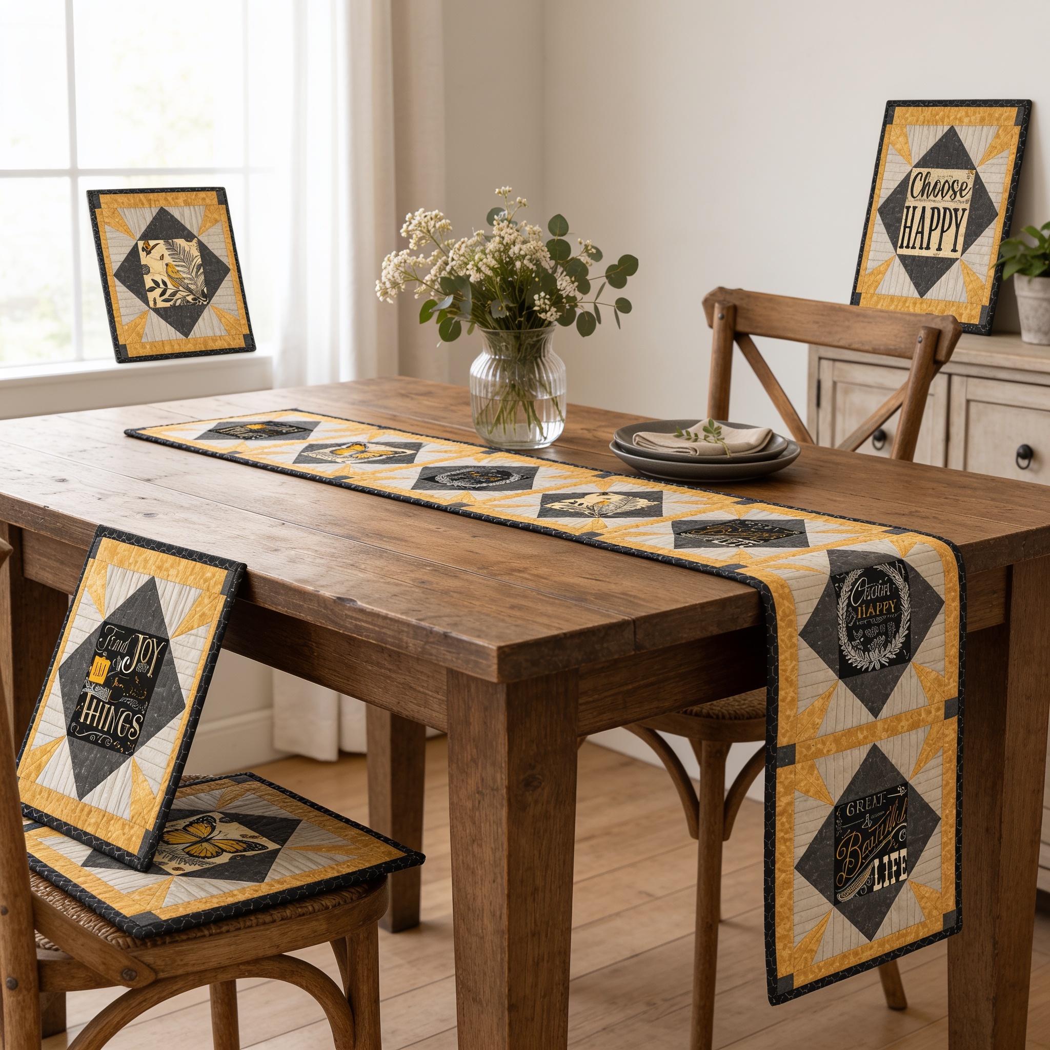 May include: A quilted table runner and matching placemats featuring a geometric pattern in yellow, black, and white. The fabric displays butterfly motifs and text including "Choose Happy," "Find Joy," and "Great & Beautiful Life" in script.