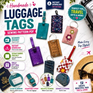 May include: A digital sewing pattern for handmade luggage tags featuring various designs including teal, purple glitter, cork, denim, and floral fabrics. The image displays multiple finished tags with metal rings, adjustable straps, and clear ID windows.