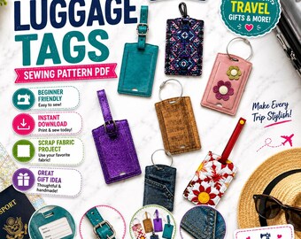 Modello PDF per cucire l'etichetta per bagagli, etichetta da viaggio in tessuto fai da te, modello per porta badge da valigia, tutorial per etichetta in vinile, sughero e pelle.