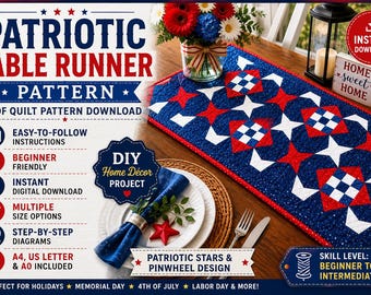 Liberty Nine Runner Tischläufer Muster PDF, Patriotisches Tischläufer Muster, Neun Patch Stern Quilt Läufer, Gesteppter Tischläufer,