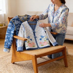 May include: Two quilted jackets with V-necklines and button closures. One jacket features a dark blue landscape print, while the other is light blue with floral and bird embroidery. Both garments have long sleeves and a structured, layered design.
