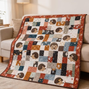 Hedgehog Quilt Pattern PDF | Woodland Animal Applique Quilt | Patchwork Baby Nursery Quilting Pattern | Digital Quilt Pattern