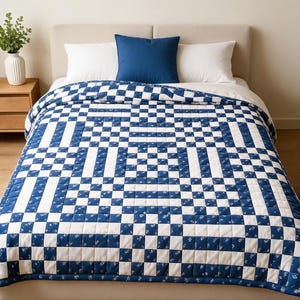 Blue Checkerboard Quilt Pattern PDF | Farmhouse Patchwork Throw Quilt | Beginner Quilting Pattern | Instant Download | Digital Quilt Pattern