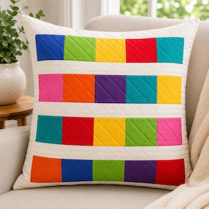 Patron PDF de coussin patchwork arc-en-ciel | Coussin patchwork à blocs de couleur | Patron de patchwork pour débutants | Téléchargement instantané | Patron de patchwork numérique
