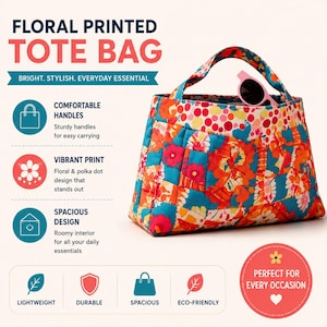 May include: A quilted tote bag featuring a vibrant floral and polka dot pattern in shades of teal, orange, pink, and white. The bag has two top handles and a pair of pink sunglasses resting inside. Text on the image reads Floral Printed Tote Bag.