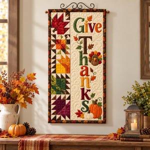 Puede incluir: Un tapiz de pared rectangular vertical de tela con un diseño acolchado y el texto Give Thanks. El lado izquierdo muestra una columna de cinco hojas de patchwork coloridas, mientras que el lado derecho presenta el texto, un pavo y calabazas.