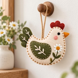 May include: A felt chicken ornament in cream, featuring a dark green wing with white leaf embroidery, a red comb, an orange beak, and a white daisy flower detail. The ornament hangs from a tan cord attached to a wooden wall hook.