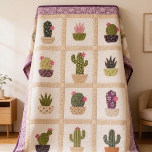 May include: A quilt featuring a grid of twelve square blocks, each displaying a different potted cactus in shades of green, pink, and brown. The quilt has a white background, tan sashing, and a purple floral border with a quilted texture.