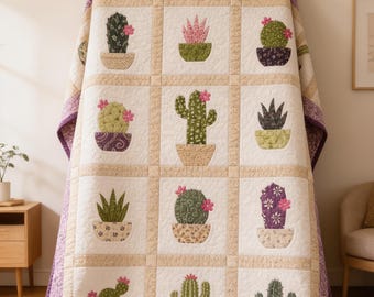 Cactus Quilt PDF | Potted Plant Applique Quilt | Desert Garden Beginner Quilting  | Instant Download | Digital Quilt