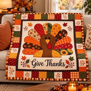 May include: A quilted throw blanket featuring a central turkey applique with colorful patterned feathers in shades of orange, red, yellow, and brown. The text Give Thanks is embroidered below the turkey on a cream background with autumn leaf motifs.