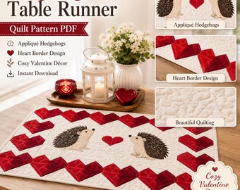 Modello PDF per centrotavola con riccio a tema amore, modello per centrotavola di San Valentino, modello per trapunta a forma di cuore, modello per trapunta con riccio,