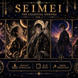 以下が含まれることがあります： SEIMEI THE CELESTIAL ONMYOJI VOL.1と題された5枚のデジタルアートプリントセット。金色の天体模様、月、星が描かれた暗いローブを着たキャラクターが特徴です。プリントには1から5までの番号が振られ、ダウンロードに関するテキストが含まれています。