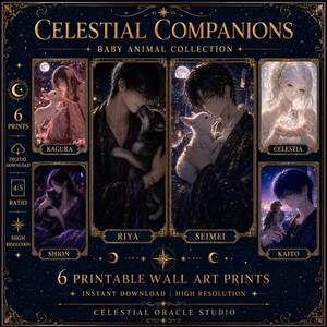 以下が含まれることがあります： Celestial Companions Baby Animal Collectionと題された6枚の印刷可能なウォールアートプリントのデジタルコレクション。カグラ、リヤ、セイメイ、セレスティア、シオン、カイトといった人物と動物が描かれたアニメスタイルのイラストセットで、金色の文字と装飾的なフレームが施されたダークブルーの星空の背景が特徴です。