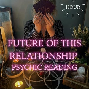May include: A psychic reading service listing featuring three dark purple tarot cards held up, a black cloth with a white geometric pattern, various crystals, lit tea light candles, and the text 1 HOUR FUTURE OF THIS RELATIONSHIP PSYCHIC READING.