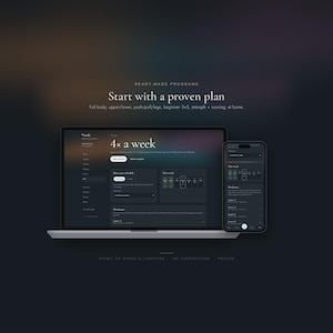 K&ouml;nnte beinhalten: Ein Laptop und ein Smartphone zeigen die Benutzeroberfl&auml;che der Fitness-App Verde in einem dunklen Design. Auf dem Bildschirm ist Text zu sehen, darunter Ready-made programs, Start with a proven plan, 4x a week sowie Works on phone & computer, no subscription, private.