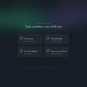 Private budget app with no account, no bank login, no subscription and data stored on your device