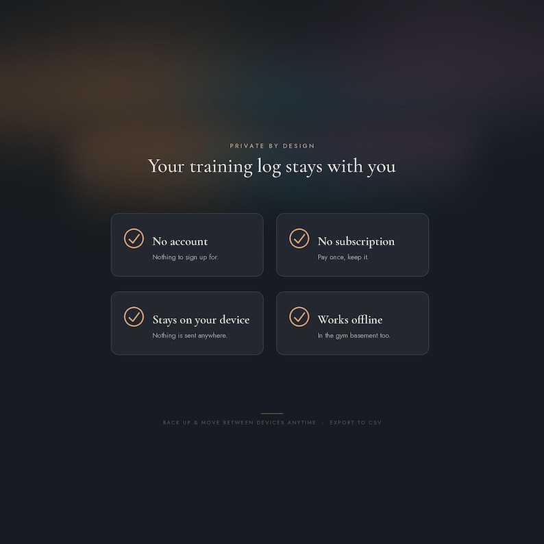 K&ouml;nnte beinhalten: Eine dunkle Benutzeroberfl&auml;che mit dem Text "PRIVATE BY DESIGN" und "Your training log stays with you." Vier Boxen enthalten H&auml;kchen und den Text: "No account," "No subscription," "Stays on your device," und "Works offline," mit Untertext.