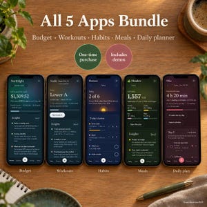 May include: Five smartphones displaying app interfaces for budget, workouts, habits, meals, and daily planning. Text reads All 5 Apps Bundle, Budget, Workouts, Habits, Meals, Daily planner, One-time purchase, and Includes demos.
