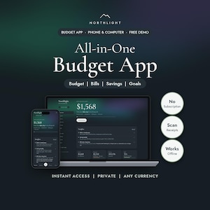 All-in-one budget planner app shown on a laptop and phone with monthly budget, bills, savings and goals