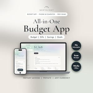 All-in-one budget planner app shown on a laptop and phone with monthly budget, bills, savings and goals