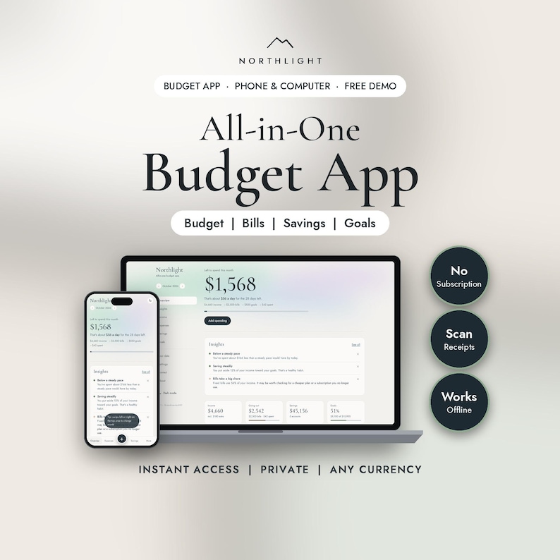 All-in-one budget planner app shown on a laptop and phone with monthly budget, bills, savings and goals