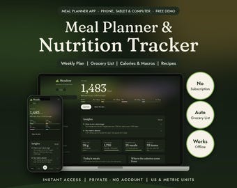 Meal Planner App for Phone & Computer | Weekly Meal Plan, Grocery List, Calorie and Macro Tracker | No Subscription | Meadow