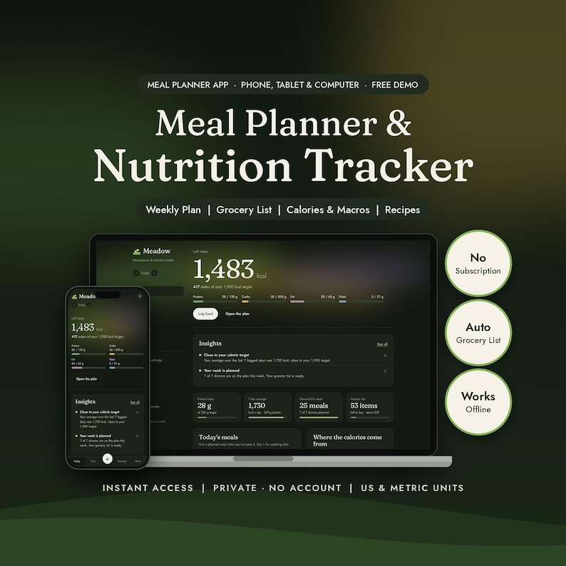 Meal Planner App for Phone & Computer | Weekly Meal Plan, Grocery List, Calorie and Macro Tracker | No Subscription | Meadow image 1