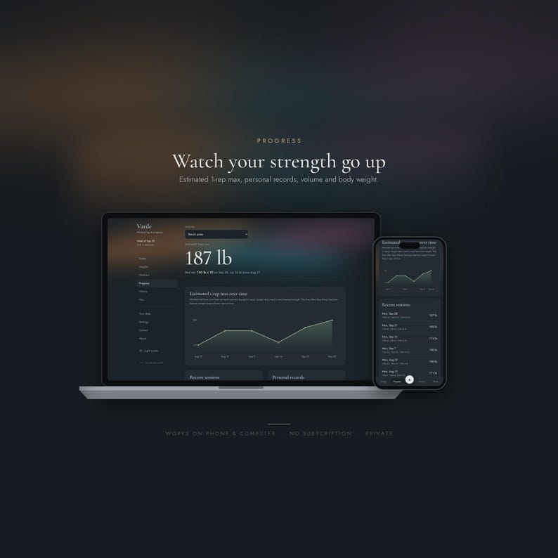 K&ouml;nnte beinhalten: Ein Laptop und ein Smartphone zeigen eine Fitness-Tracking-App mit dunkler Benutzeroberfl&auml;che. Die Bildschirme zeigen Fortschrittsdiagramme sowie den Text "Watch your strength go up", "Estimated 1-rep max", "187 lb" und "WORKS ON PHONE & COMPUTER".
