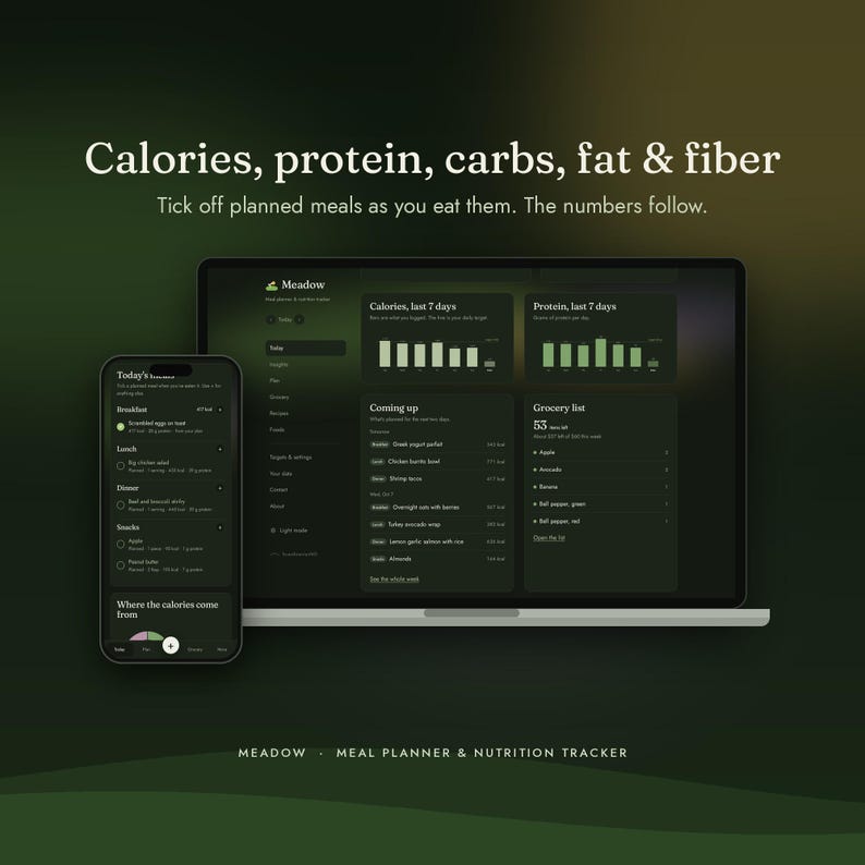 Meal Planner App for Phone & Computer | Weekly Meal Plan, Grocery List, Calorie and Macro Tracker | No Subscription | Meadow image 5