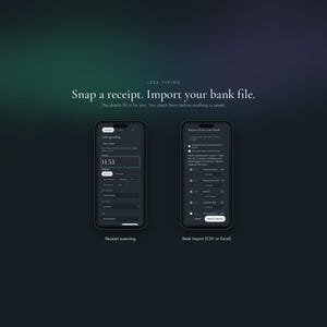 Phone screens showing receipt scanning and bank statement import in a budget app