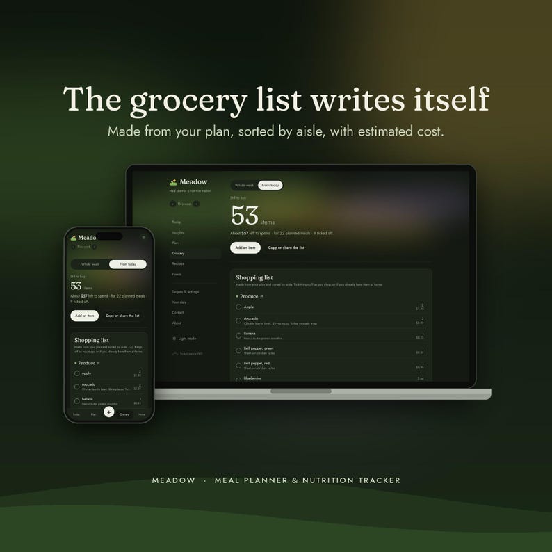 Meal Planner App for Phone & Computer | Weekly Meal Plan, Grocery List, Calorie and Macro Tracker | No Subscription | Meadow image 4