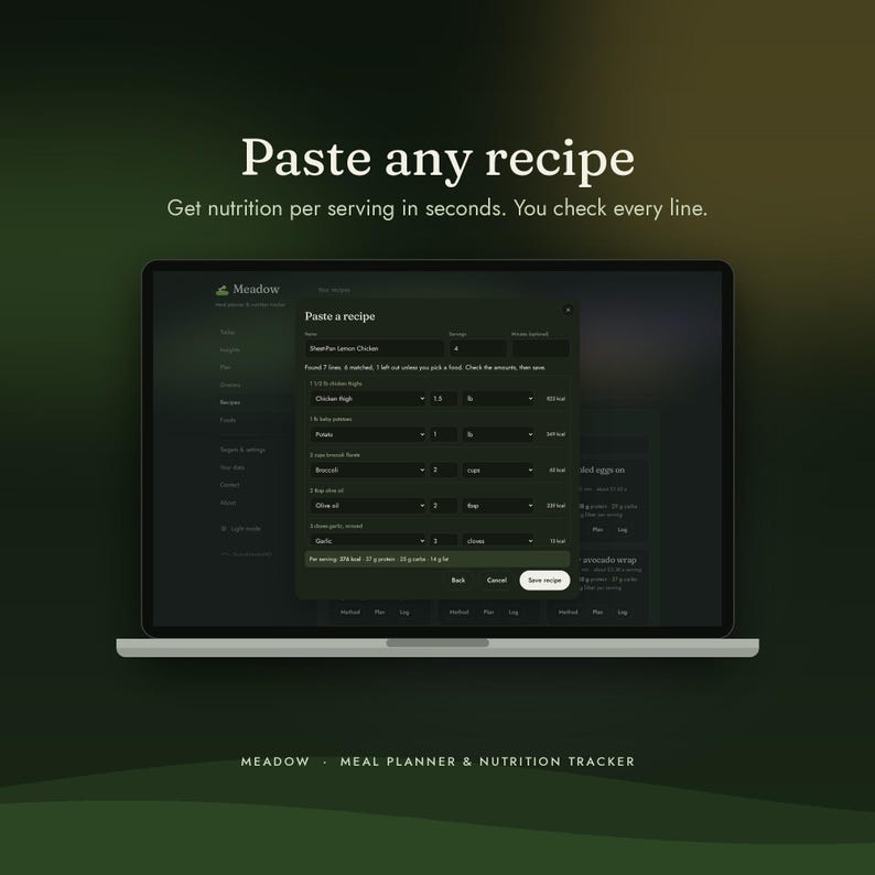 Meal Planner App for Phone & Computer | Weekly Meal Plan, Grocery List, Calorie and Macro Tracker | No Subscription | Meadow image 6