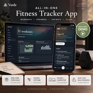 May include: A laptop and smartphone displaying the Varde fitness tracker app interface with workout history, progress charts, and insights. A notebook with the text Small Steps Big Results and a 10kg dumbbell are visible on the desk.