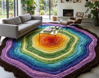 Regenboog getuft tapijt, kleurrijk rond tapijt, handgemaakt tapijt met gesneden pool, modern abstract tapijt, inrichting kinderkamer, vloerkleed woonkamer