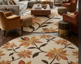 Runder Floraler Wollteppich, Handgemachter Wollteppich, Cremefarbener Blumenteppich, Moderner Wohnzimmerteppich, Schlafzimmerteppich