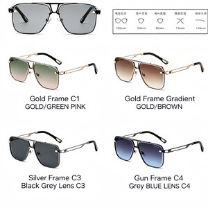 Peut inclure: Une collection de six paires de lunettes de soleil en m&eacute;tal avec des montures dor&eacute;es, argent&eacute;es, gris acier et noires, dot&eacute;es de verres d&eacute;grad&eacute;s ou unis. L'image pr&eacute;sente des sp&eacute;cifications techniques, un poids de 40,7g et des sch&eacute;mas de dimensions.