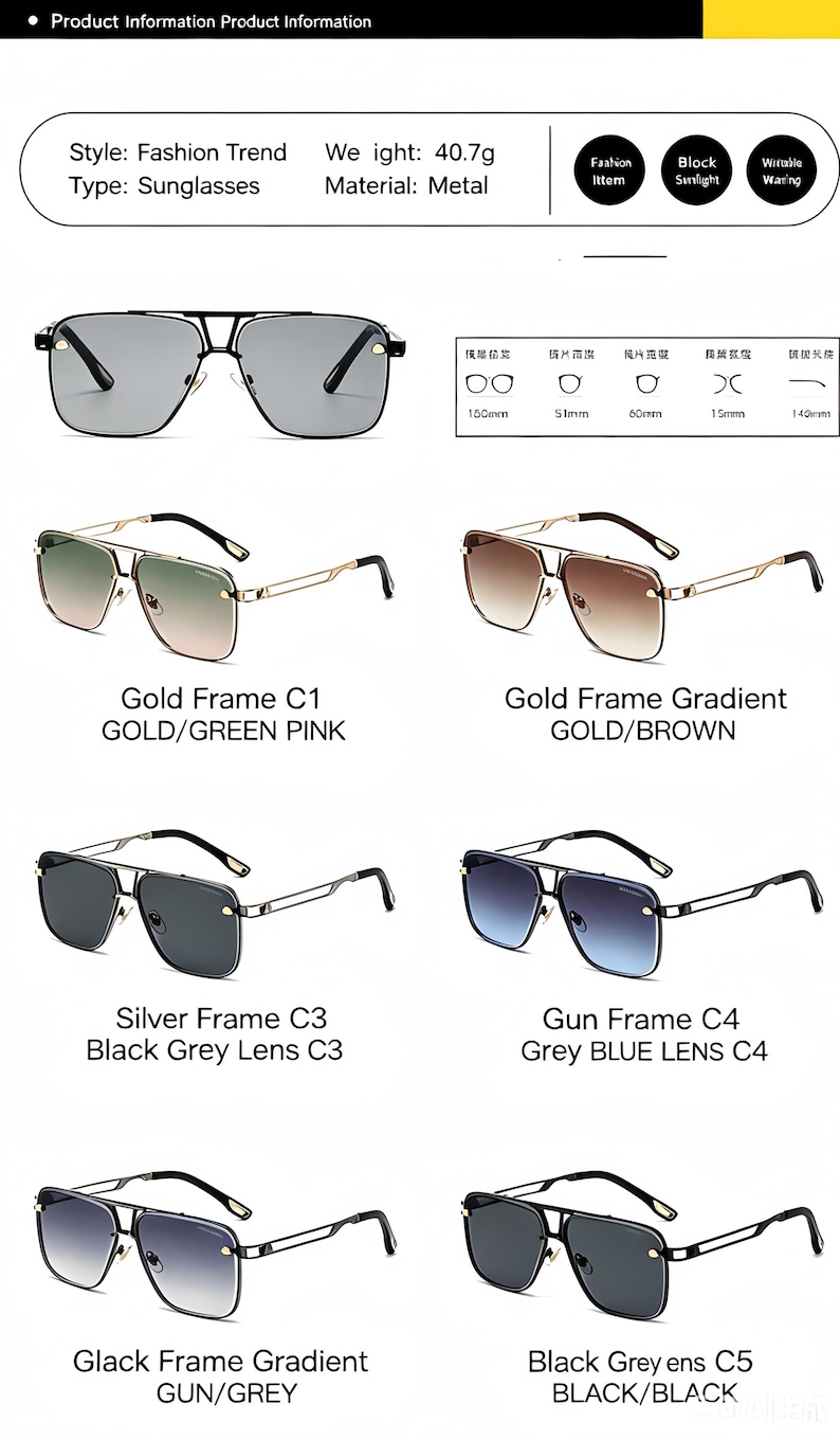 Peut inclure: Une collection de six paires de lunettes de soleil en m&eacute;tal avec des montures dor&eacute;es, argent&eacute;es, gris acier et noires, dot&eacute;es de verres d&eacute;grad&eacute;s ou unis. L'image pr&eacute;sente des sp&eacute;cifications techniques, un poids de 40,7g et des sch&eacute;mas de dimensions.