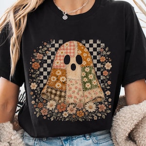 Patchwork Floral Ghost PNG, Checkered Boho Halloween Design, Retro Preppy Distressed Spooky Sublimation Download