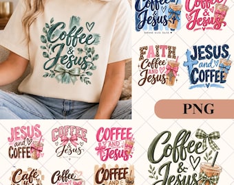 May include: A cream-colored t-shirt featuring a graphic print with the text Coffee & Jesus, surrounded by green leaves and a bow. The image also displays a collection of various digital graphic designs with similar themes, including coffee cups, bows, and religious text.